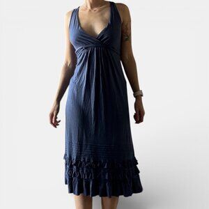 J. Crew Blue Midi Jersey Dress with Tie Waist and Ruffles Size M Darling, Preppy